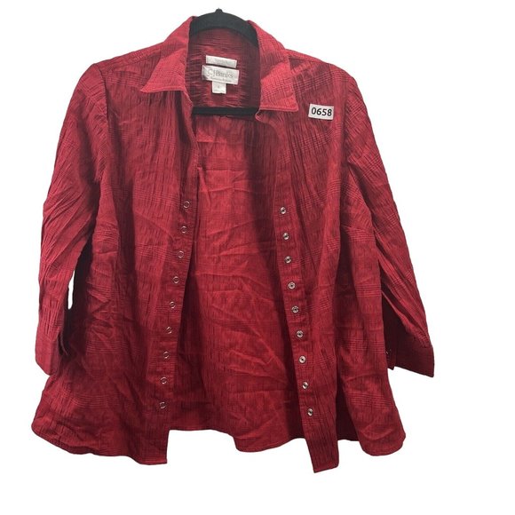 CJ Banks Womens Red Blouse Size X Snap Button Collared 3/4 Sleeve - Picture 3 of 16